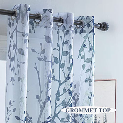White Navy Blue Curtains 84 Inch Length 2 Panels Set, Semi Sheer Window Curtain Drapes for Living Room/Bedroom, Blue Nature Tree Branches Patterned Linen Textured Curtains, Grommet Top W52XL84 - color: Navy Blue, size: 52"W x 84"L (Pack of 2)