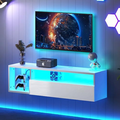 DlandHome 39.3" W Floating TV Stand with LED, Wooden Entertainment Center | Wall-Mounted Media Console, Floating Shelf for Under TV Wall Mount with Storage Shelves for Bedroom Living Room, White - size: 39.3'' White