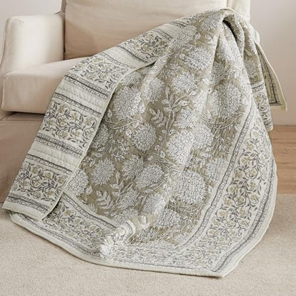 Levtex Home - Adare Taupe - Throw - Bordered Floral - Taupe, Grey and Cream -Quilted Throw (50x60in.) - Cotton - color: Taupe