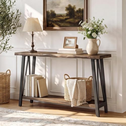 Tribesigns 41.3" Live Edge Solid Wood Console Table, Industrial 2-Tier Entryway Table with Sturdy Metal Frame, Narrow Sofa Accent Table with Storage Shelf for Living Room Hallway Foyer, Brown & Black