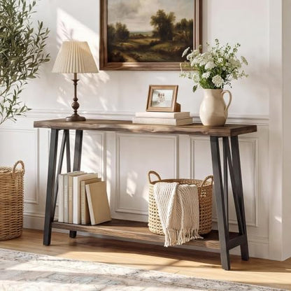 Tribesigns 41.3" Live Edge Solid Wood Console Table, Industrial 2-Tier Entryway Table with Sturdy Metal Frame, Narrow Sofa Accent Table with Storage Shelf for Living Room Hallway Foyer, Brown & Black