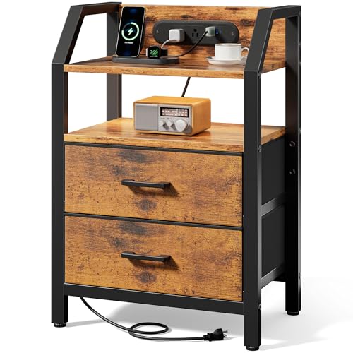 HLDIRECT Nightstand with Built-in Charging Station & Warm LED Light | 2 Fabric Drawers, FSC Wood, 66 lbs Capacity, 18.1"W x 11.5"D x 26"H, Adjustable Feet, for Bedroom, Dorm, Rustic Brown - color: Rustic Brown, size: 2 Drawers