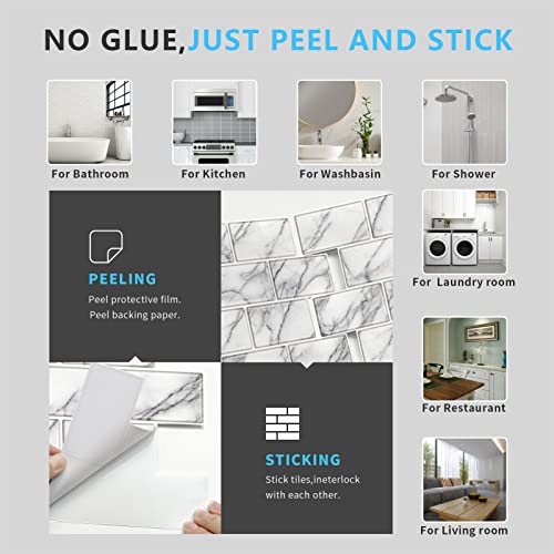 URCOLOR 10-Sheet backsplash Tile for Kitchen Peel and Stick,12"x12" Self Adhesive Subway Wall Tiles Stick on Back Splashes for Bathroom White Marble - color: White Gray