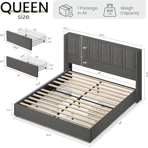 Bed Frame Queen Size with Storage Drawers and Wingback Headboard, Linen Upholstered Platform Bed Frame with Wooden Slats, Easy Assembly, Light Grey - color: Light Gray, size: Queen