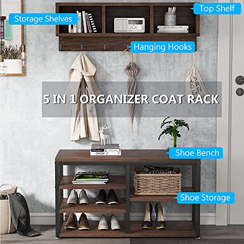 Tribesigns Industrial [Shoe] [Rack] [Bench] with Coat [Rack] Set with Hall Tree, 3 Storage Cubbies, 7 Hooks for Entryway, Hallway, 5-in-1Design, Rustic Brown - color: Rustic Brown