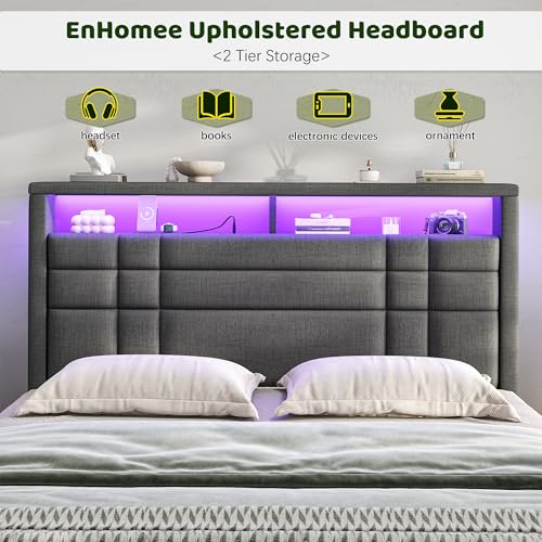 EnHomee Full Upholstered Bed Frame with Charge Station & LED Lights, Grey | 2-Tier Shelves Headboard, 12" Under-Bed Storage Space, Noise-Free, No Box Spring Needed, Easy Assembly - color: Grey, size: Full