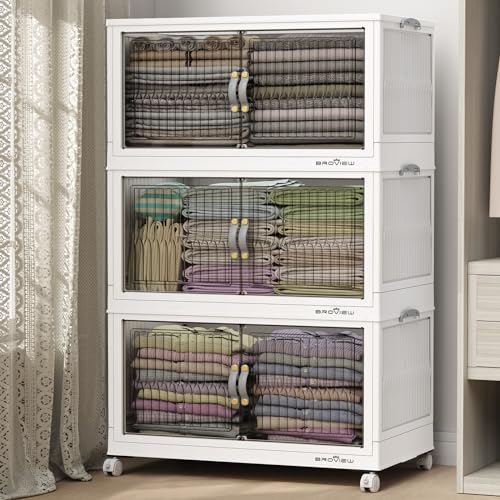 BROVIEW 360Qt Stackable Storage Bins with Lid for Home Dorm, 3Pack White | Closet Organizers, Foldable & Collapsible Cabinets, Large Containers, Wheels & Magnetic Doors, Plastic Drawers for School - color: White, size: 120QT-3Pack
