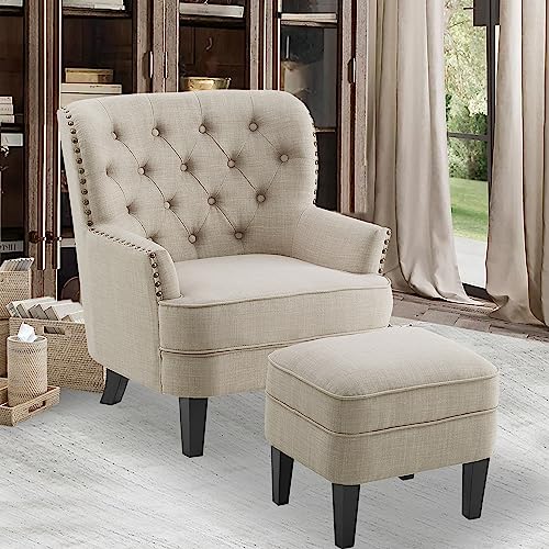 Rosevera Sausalito Accent Chair, Arm Chair, Reading Chair, Comfy Chair, Mid-Century Modern Chair with Ottoman, Lounge Chair with Ottoman for Living Room, Bedroom, Small Space, Apartment, Studio - color: Polyester Sand With Ottoman