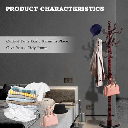 Coat Racks Free Standing with 14 Hooks, Natural Wood Coat Rack with Solid Round Base, Adjustable Height Coat Racks, Easy Assembly for Hallway, Bedroom and Office (Reddish brown) - color: Reddish brown