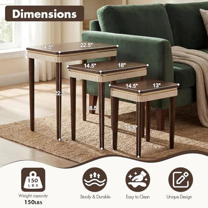 Hyfirm Walnut Side Table End Table Nesting Tables Set of 3, Retro Nesting Tables with Veneered Top & Gold Trim, Mid Century Modern Nesting Wood Coffee Tables for Living Room/Bedroom/Apartment - color: Walnut Top+ivory Apron