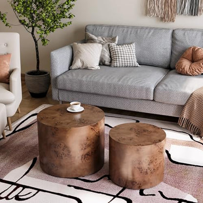 18.9" Round Nesting Coffee Table Set of 2, Modern Wooden Coffee Tables Small Circle Center Table for Living Room, Accent End Table Set, No Assembling (Brown Burl) - color: A-brown Burl