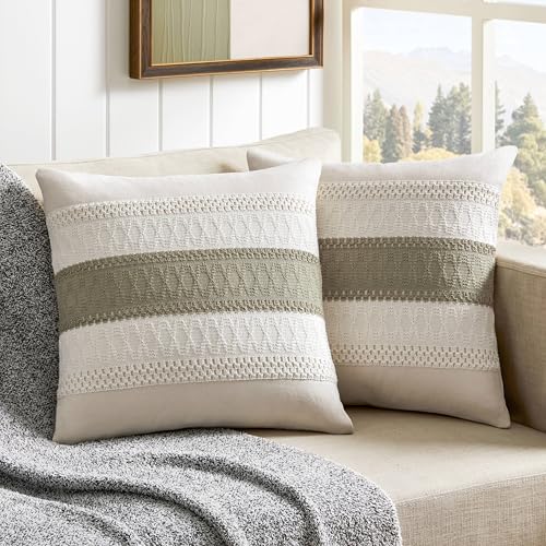 2 Pack Boho Throw Pillow Covers, Contrast Dark Sage 16x16in | Soft Breathable Cotton, Farmhouse Decorative Couch Pillow Cases, Cushion Covers for Sofa Bed Living Room Home Decor - color: Contrast/Dark Sage, size: 16" x 16" (Pack of 2)