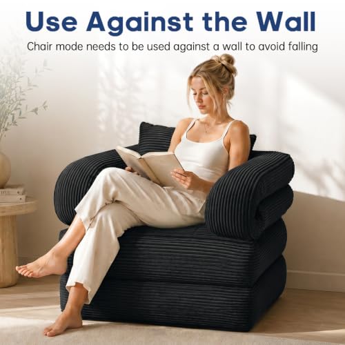 Folding Sofa Bed, Convertible Sleeper Chair with Armrests for Adults, Foldable Corduroy Boneless Bed, 3-in-1 Portable Futon Couch Floor Sofa with Pillow for Bedroom, Living Room, Black