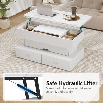 Turosur 40" Lift Top Coffee Table, Coffee Tables with Storage and 4 Drawer, Coffee Table with Lifting top with LED Lights for Living Room Home Office - color: White