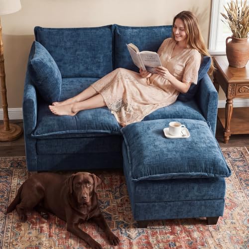 50" Loveseat Sofa with Ottoman, Cloud 2-Layer Cushion & 27" Deep Seat, Modern Love Seat Small Couch with 2 Washable Pillows for Small Spaces, Bedroom, Apartment, Office, Living Room, in a Box, Blue - color: Blue, size: Loveseat with Ottoman
