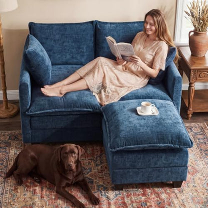50" Loveseat Sofa with Ottoman, Cloud 2-Layer Cushion & 27" Deep Seat, Modern Love Seat Small Couch with 2 Washable Pillows for Small Spaces, Bedroom, Apartment, Office, Living Room, in a Box, Blue - color: Blue, size: Loveseat with Ottoman
