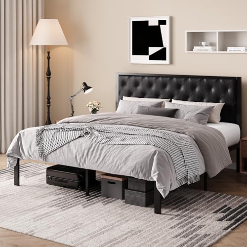 SHA CERLIN King Size Metal Bed Frame with PU Tufted Headboard, Black | Modern Design Heavy-Duty Platform Bed, No Box Spring Need, PU Leather Upholstery, Noise Free, Easy Assembly - color: Black, size: King
