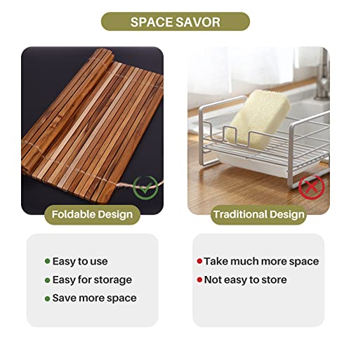 HTB Over Sink Dish Drying Rack 17.8'' x 16.1” Teak Wood | Roll Up Dish Drying Rack for Kitchen Counter,Space Saving,Collapsible Dish Drying Mat for Bowls,Vegetables,Fruits,Bottles