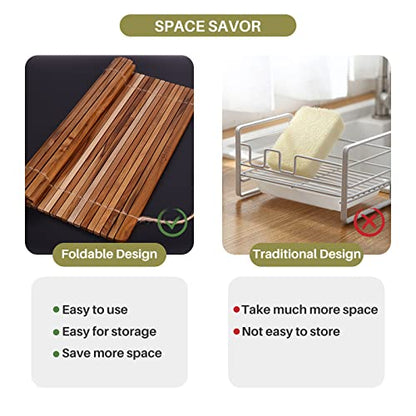 HTB Over Sink Dish Drying Rack 17.8'' x 16.1” Teak Wood | Roll Up Dish Drying Rack for Kitchen Counter,Space Saving,Collapsible Dish Drying Mat for Bowls,Vegetables,Fruits,Bottles