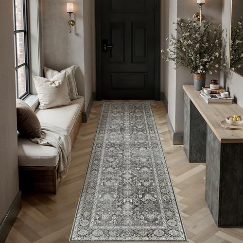 Black Runner Rug 2.6x8 Vintage Traditional Distressed | Washable, Non Slip, Soft Low Pile, Hallway Carpet for Kitchen, Entryway, Laundry Room, Farmhouse Decor - color: Accent Black, size: 2'6" x 8' (Runner)