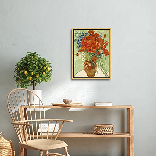 Wieco Art Framed Wall Art of Red Poppies and Daisies by Vincent Van Gogh Paintings Reproduction Abstract Canvas Prints for Home Living Room Decorations Bronze Gold Frame - size: 16"L x 12"W