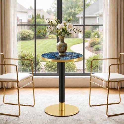 TesNus 23.6" Small Round Dining Table for 2, Circle Tulip Table, Faux Marble Top with Gold Metal Pedestal Base, Modern Leisure Coffee Table for Small Spaces, Cafe, Office, Blue&Gold - color: Blue Top&black Leg&gold Base