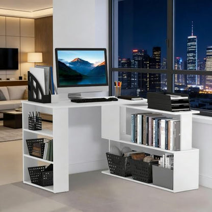 Writing Table Workstation L-Shaped Corner Desk, White | Particle board, laminated surface, 360° rotating design, large desk, 2-tier shelf