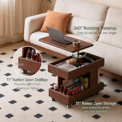 Small Lift Top Coffee Table with Wheels, Solid Wood Table with Storage | Lift top coffee table with hidden storage, rotating tabletop and wheels, designed for small spaces with no assembly required. - color: Walnut