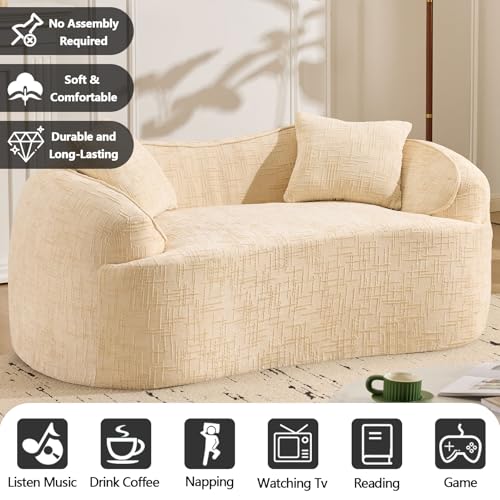 67" Curved Loveseat Sofa with 2 Pillows, Modern Boneless Couch in a Box, Small Cloud Loveseat for Bedroom Small Space Apartment Living Room, Memory Foam, Chenille, No Assembly (Beige) - color: Beige