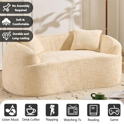 67" Curved Loveseat Sofa with 2 Pillows, Modern Boneless Couch in a Box, Small Cloud Loveseat for Bedroom Small Space Apartment Living Room, Memory Foam, Chenille, No Assembly (Beige) - color: Beige