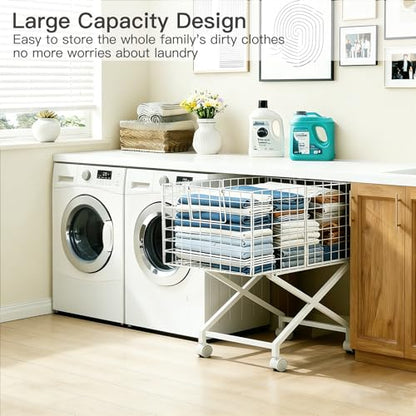 Rolling Laundry Basket with Wheels, 27" Elevated 80L Cart White | Durable metal cart with 360° swivel wheels glides smoothly, while the 27" elevated design reduces bending