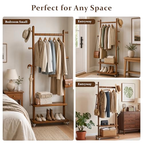 Coat Rack Freestanding Solid Wood Clothes Rack with Wheels | Space Saving, Stable 5 Hooks 2 Shelves Coat Tree, Silent 360 Degree Wheels, Heavy Duty 150 lb Capacity for Entryway Bedroom - color: Walnut Brown, size: L: 23.6" x W: 11.8" x H: 70.9" (With Whee