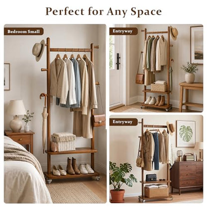 Coat Rack Freestanding Solid Wood Clothes Rack with Wheels | Space Saving, Stable 5 Hooks 2 Shelves Coat Tree, Silent 360 Degree Wheels, Heavy Duty 150 lb Capacity for Entryway Bedroom - color: Walnut Brown, size: L: 23.6" x W: 11.8" x H: 70.9" (With Whee