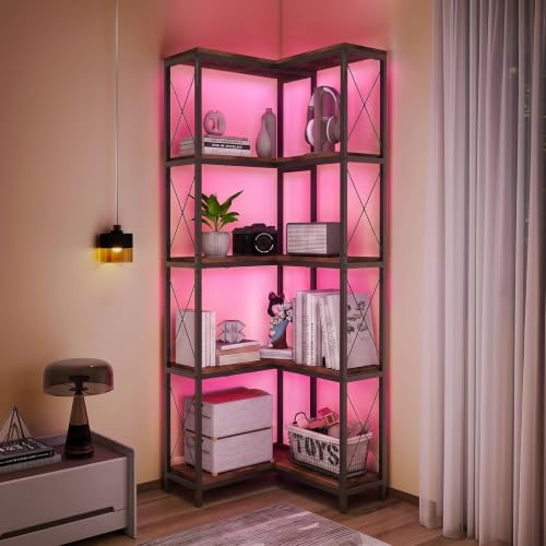 Corner Bookshelf with Storage 5 Tier Tall Rustic Shelf Stand with Light | Corner Bookshelf with Storage 5 Tier Tall Rustic Shelf Stand with Light - color: Flamed, size: 5-Tier