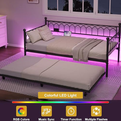 IDEALHOUSE Twin Daybed with Trundle, Day Bed with Charging Station and LED Lights, Heavy Duty Metal Bed Frame, Metal Sofa Bed Frame with Steel Slat Support for Living Room, Bedroom, Apartment, Black | Charging Station, LED Lights, Pull-Out Trundle, Space-