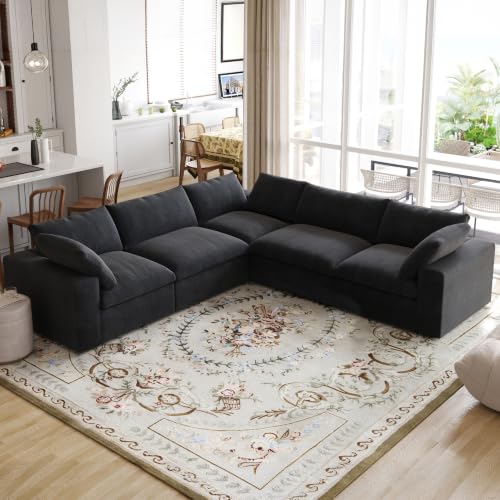 120" Cloud Modular Sofa, Convertible Modular V-Shaped Couch with Storage Ottoman, Cotton Linen Fabric Sofa for Living Room, Apartment and Bedroom, Removable Covers, 2 Pillows, Black - color: Black, size: V-Shape