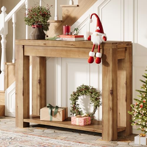 LITTLE TREE Solid Wood Console Table, Farmhouse 2-Tier Entryway Table, 43.3-Inch Narrow Sofa Table Behind The Couch for Living Room, Hallway, Foyer, Entrance