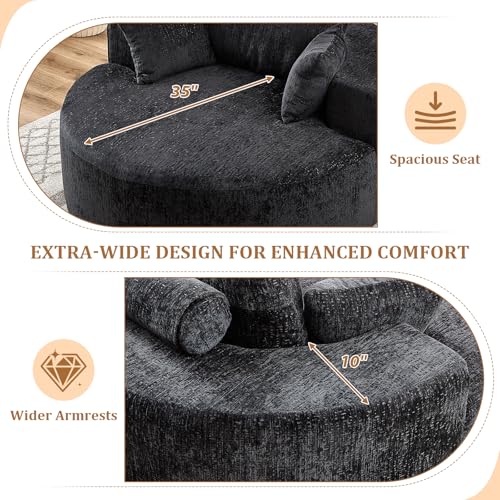55" Oversized Round Chaise Longue Chair Indoor, Upholstered Chenille Circle Single Cloud Reading Sofa Chair Deep Seat Modern Boneless Sleeper Couch No Assembly Required, Black - color: Black, style: 55"Chenille