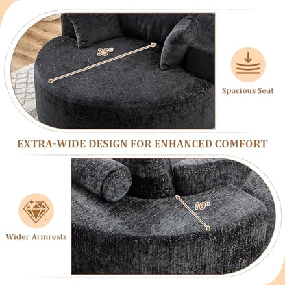 55" Oversized Round Chaise Longue Chair Indoor, Upholstered Chenille Circle Single Cloud Reading Sofa Chair Deep Seat Modern Boneless Sleeper Couch No Assembly Required, Black - color: Black, style: 55"Chenille