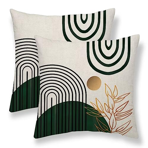 Boho Pillow Covers 16x16 Set of 2, Mid Century Green Tropical Leaves Decorative Outdoor Throw Pillow Covers Abstract Geometric Minimalist Modern Cushion Case Linen Square for Home Couch Sofa - color: Green-1, size: 16" x 16" (Pack of 2)