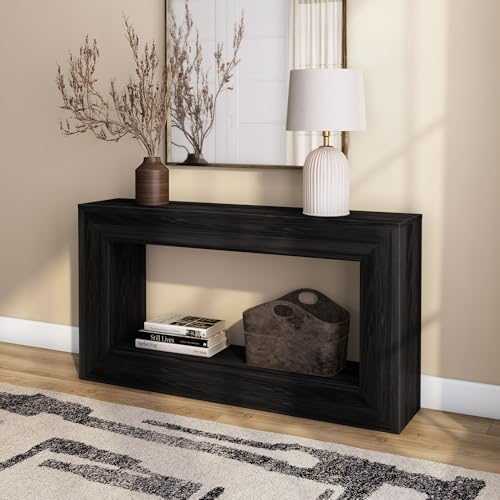 Plank+Beam Grand Console Table, 56 Inch, with Shelf, Black Wirebrush | Balanced, Statement Design, Low-VOC Finish, Easy Assembly, Solid Wood - color: Black Wirebrush, size: 56 Inch with Shelf