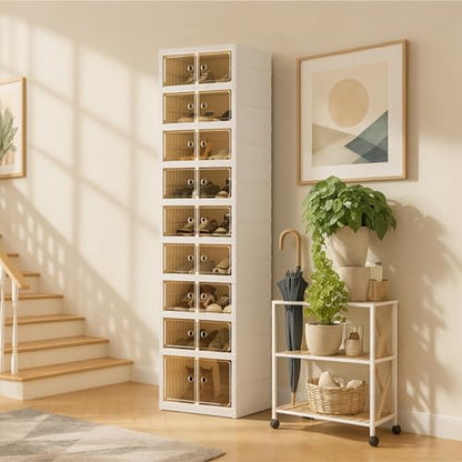 Foldable Shoe Organizer Storage Box, Portable Extra Large Folding Shoe Rack for Closet, Shoe Storage Box with Magnetic Transparent Door and Wheels, 9 Layers 18 Grids with 2 Big Grids - size: White 9 Layers-B