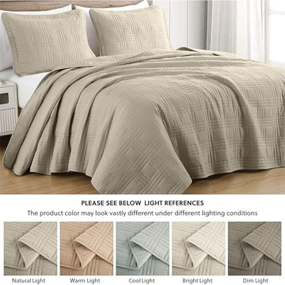 Chezmoi Collection Kingston Queen Size Bedspread Set, 3-Piece Khaki Oversized Quilted Microfiber Lightweight Bedspread Coverlet (100"x106") for All Seasons - color: Khaki, size: Queen