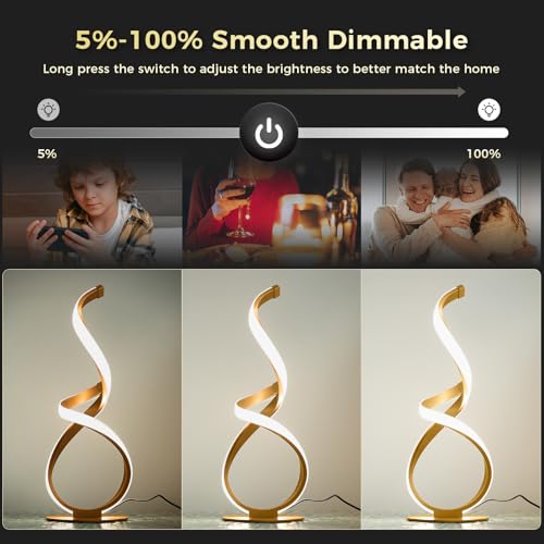 Unique Bedside Table Lamp, LED Touch Dimmable Spiral Desk Light | 3 Color Temperature Modern Nightstand Light, Side Light for Living Room, Bedroom, Gold - style: S-Shape-Gold