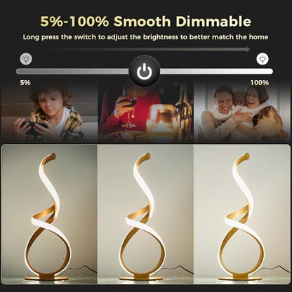 Unique Bedside Table Lamp, LED Touch Dimmable Spiral Desk Light | 3 Color Temperature Modern Nightstand Light, Side Light for Living Room, Bedroom, Gold - style: S-Shape-Gold