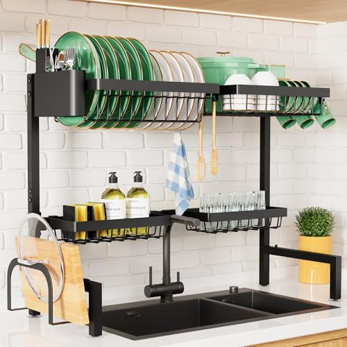 Kitsure Adjustable Over The Sink Dish Drying Rack, 26.8" -33.9"x21.5" | Sink Drying Rack for Kitchen Sink, Dish Rack Over Sink with Cutlery & Utensil Holders, Kitchen Storage, Black - color: Black, size: Large