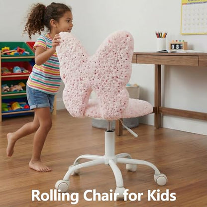 chairus Kids Desk Chair Butterfly Faux Fur Study Chair for Teenage Girls Adjustable Kids Vanity Chair for Bedroom Reading Living Room, Small Cute Student Task Chair with White Foot, Baby Pink - color: Butterfly, Pink