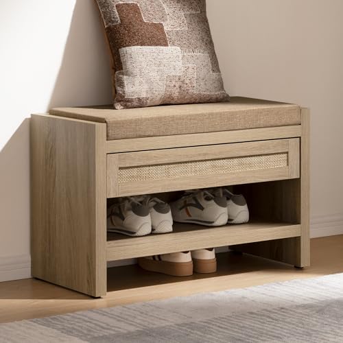 SICOTAS Rattan Shoe Bench Entryway Bench with Storage Drawer, Linen Cushion | Farmhouse Boho Shoe Rack Bench with Shelf, Wooden Storage Bench for Entryway Hallway and Bedroom, Light Oak - color: Reclaimed Light Oak, size: 1 Piece