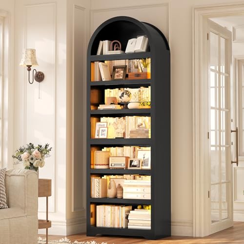79.4"Tall Arched Cabinet,Bookcase with storage,Mid-Century Modern 7-Tier Bookshelf with RGB Light,2 Book Risers,Adjustable Shelf offering more space for Living Room,Kitchen,Home Office (Black) - color: Black, size: Middle