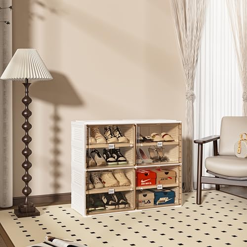 ANTBOX Portable Shoe Rack Organizer for Closet Entryway, Stackable Sneaker Storage Shoe Cabinet with Magnetic Clear Door, Large Plastic Storage containers Bins with Lids 4 Tiers 16 Pairs - size: 4 Tiers 16 Pairs